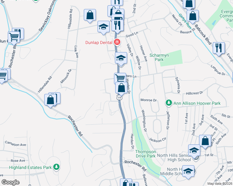 map of restaurants, bars, coffee shops, grocery stores, and more near 908 U.S. 19 in Pittsburgh