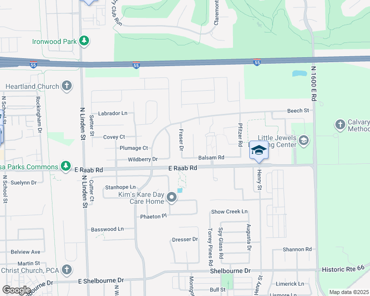 map of restaurants, bars, coffee shops, grocery stores, and more near 1705 Blue Spruce Court in Normal
