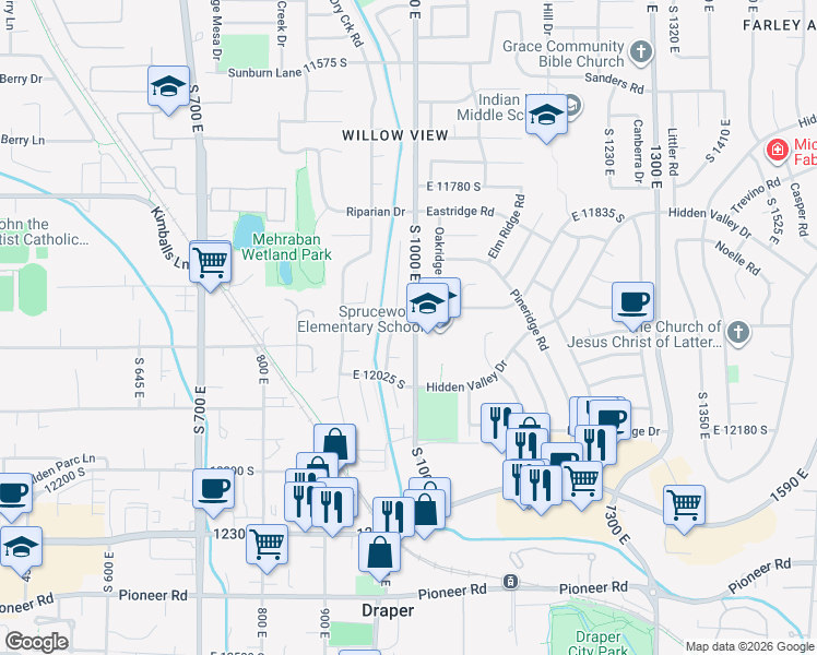 map of restaurants, bars, coffee shops, grocery stores, and more near 987 Blue Heron Way in Draper