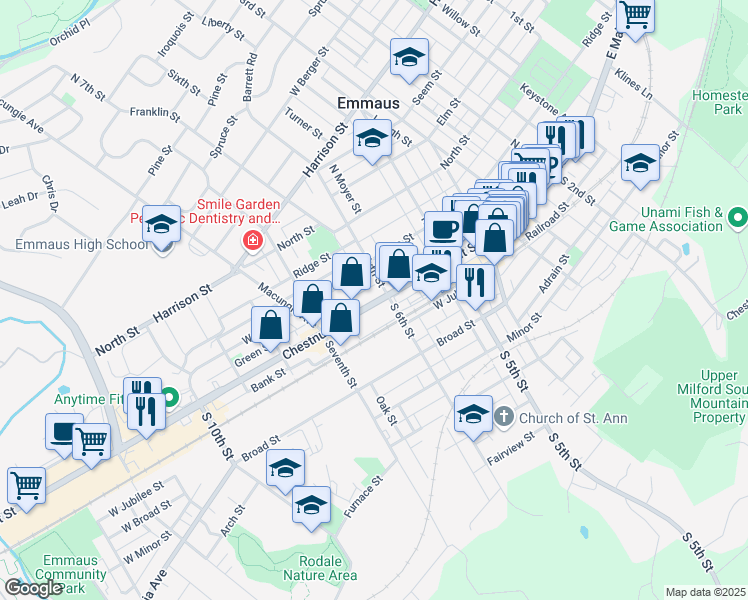 map of restaurants, bars, coffee shops, grocery stores, and more near 615 Chestnut Street in Emmaus