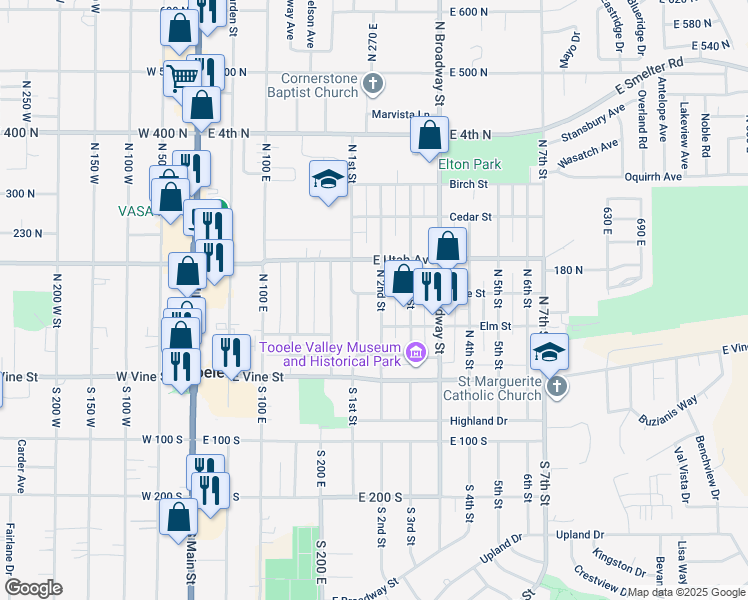 map of restaurants, bars, coffee shops, grocery stores, and more near 246 Date Street in Tooele