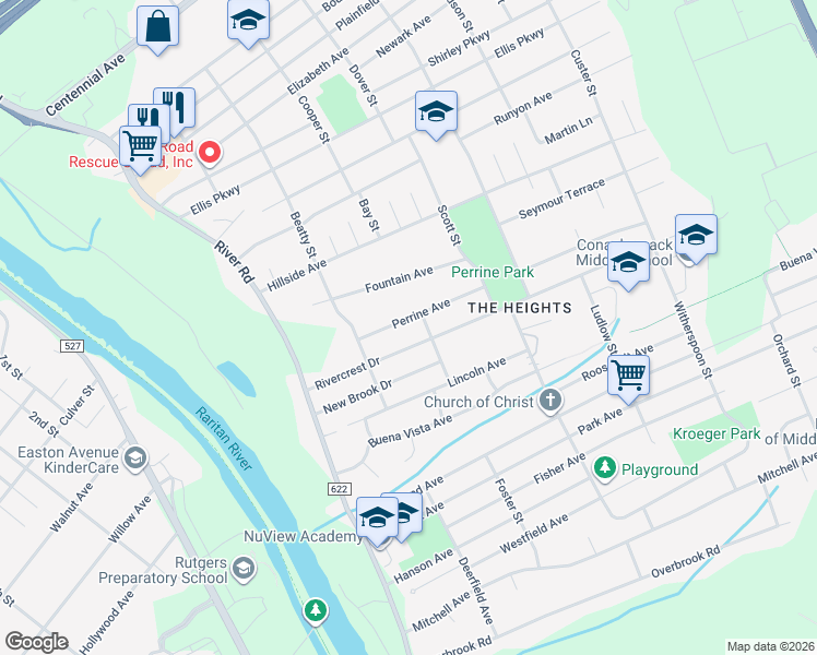 map of restaurants, bars, coffee shops, grocery stores, and more near 121 Perrine Avenue in Piscataway