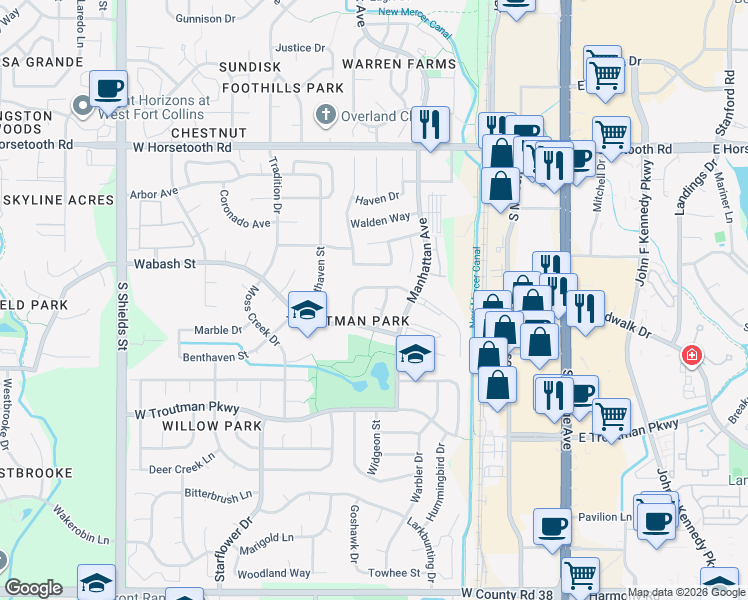 map of restaurants, bars, coffee shops, grocery stores, and more near 512 Saulsbury Court in Fort Collins