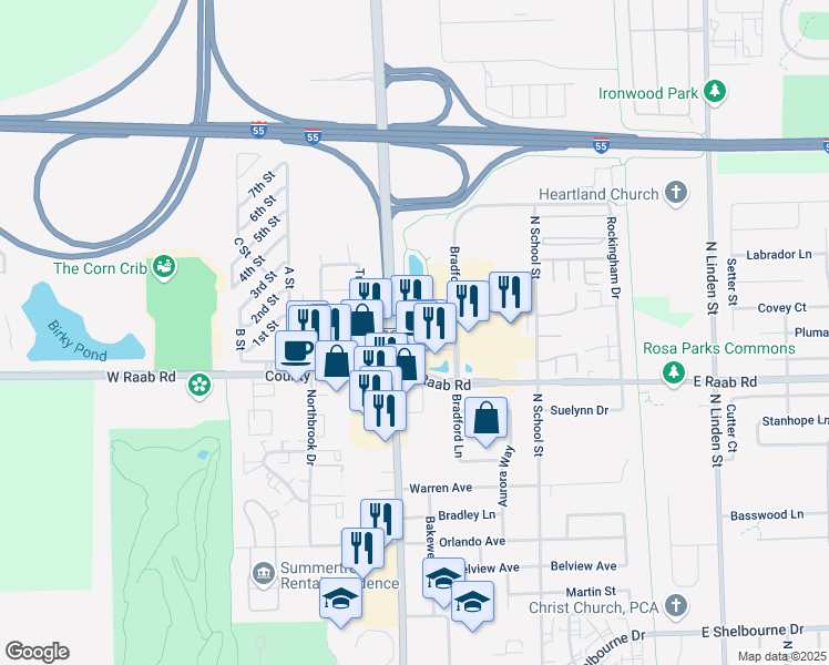 map of restaurants, bars, coffee shops, grocery stores, and more near 1735 Bradford Lane in Normal