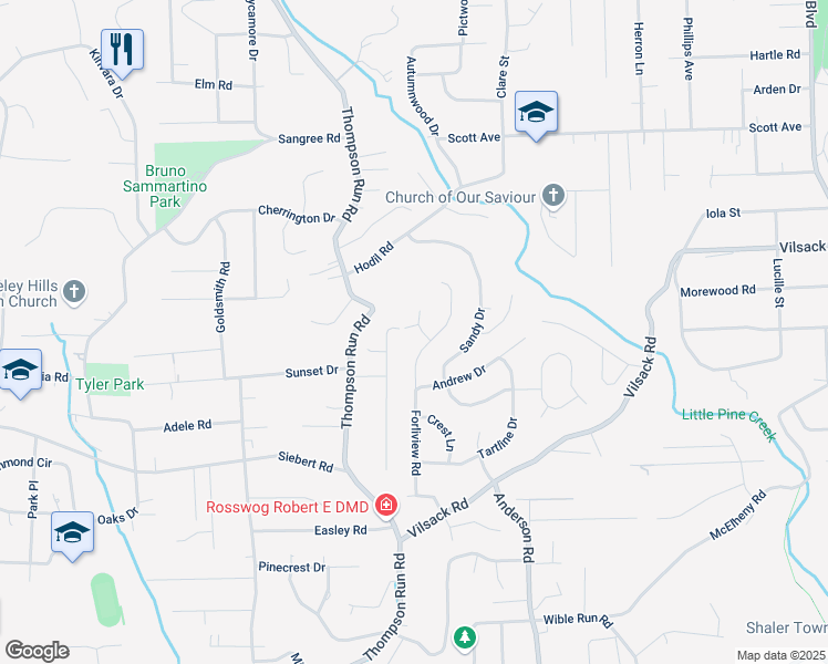 map of restaurants, bars, coffee shops, grocery stores, and more near 101 Crestline Road in Glenshaw