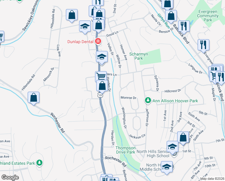 map of restaurants, bars, coffee shops, grocery stores, and more near 954 Harden Drive in Pittsburgh