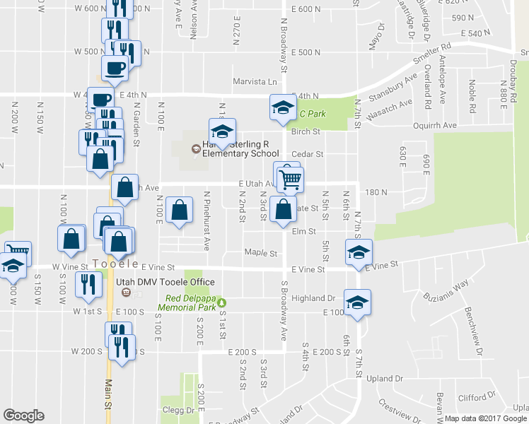 map of restaurants, bars, coffee shops, grocery stores, and more near 141 North Broadway Street in Tooele