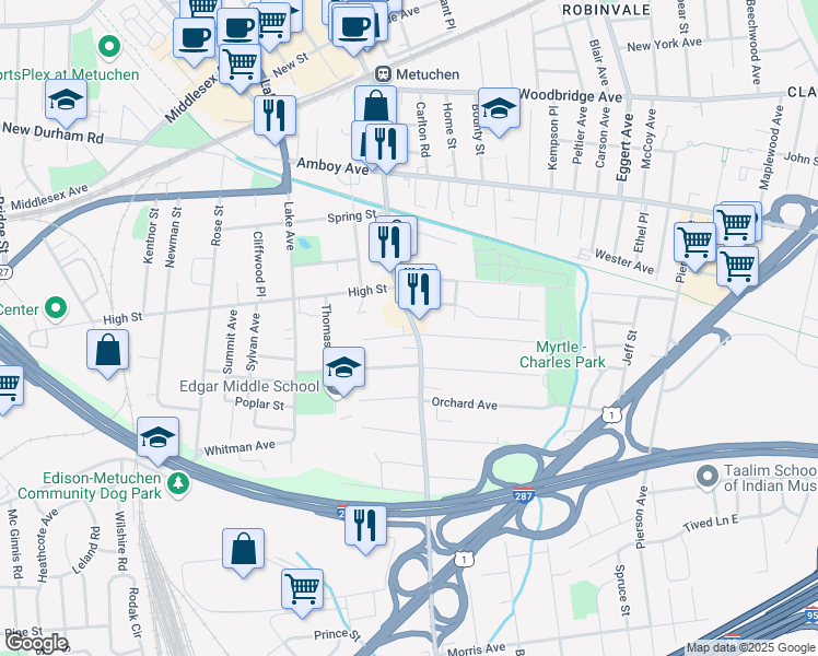 map of restaurants, bars, coffee shops, grocery stores, and more near 25 West Walnut Street in Metuchen