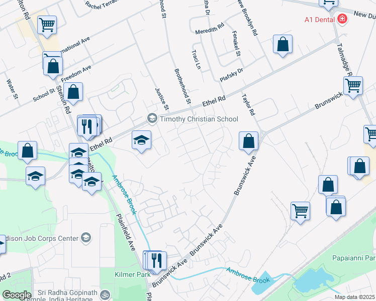 map of restaurants, bars, coffee shops, grocery stores, and more near 5701 Hana Road in Edison