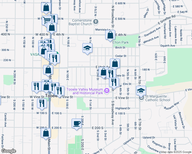map of restaurants, bars, coffee shops, grocery stores, and more near 246 Date Street in Tooele