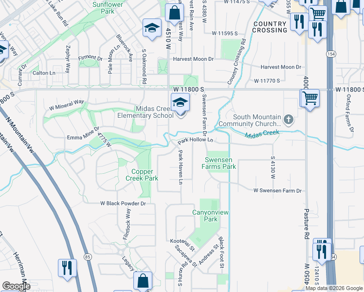 map of restaurants, bars, coffee shops, grocery stores, and more near 4467 Park Hollow Lane in Riverton