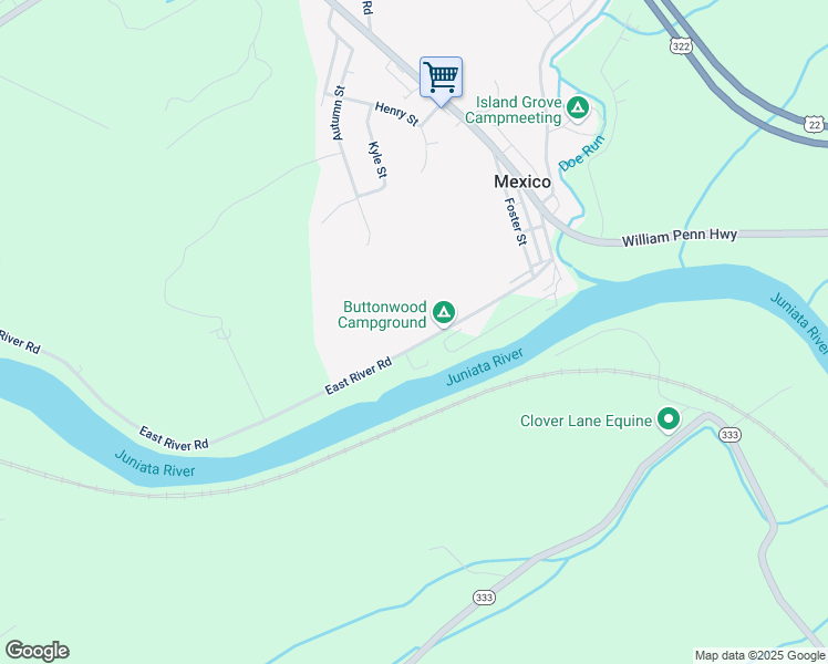 map of restaurants, bars, coffee shops, grocery stores, and more near 1359 East River Road in Mifflintown