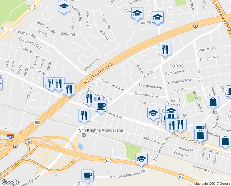 map of restaurants, bars, coffee shops, grocery stores, and more near 18 Fowler Street in Edison
