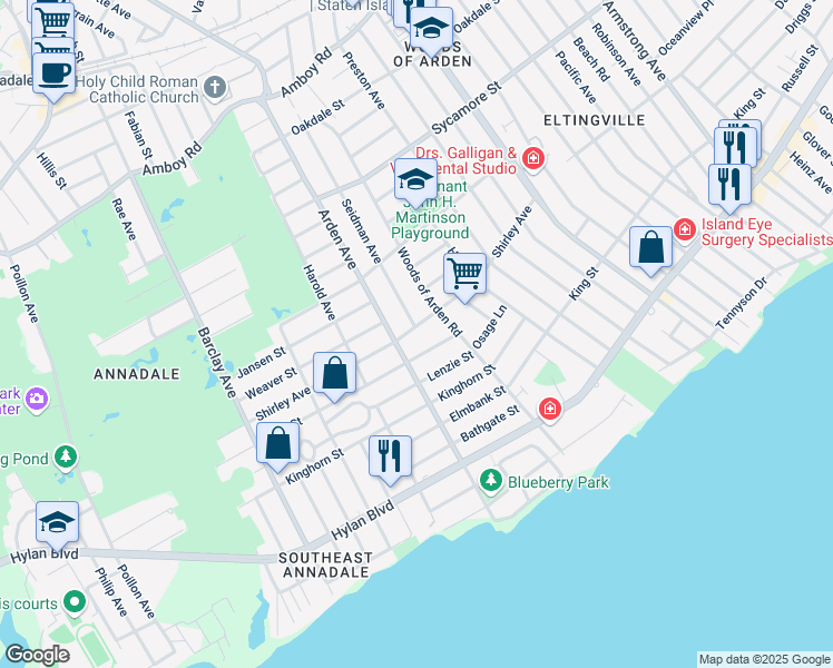 map of restaurants, bars, coffee shops, grocery stores, and more near 200 Shirley Avenue in Staten Island