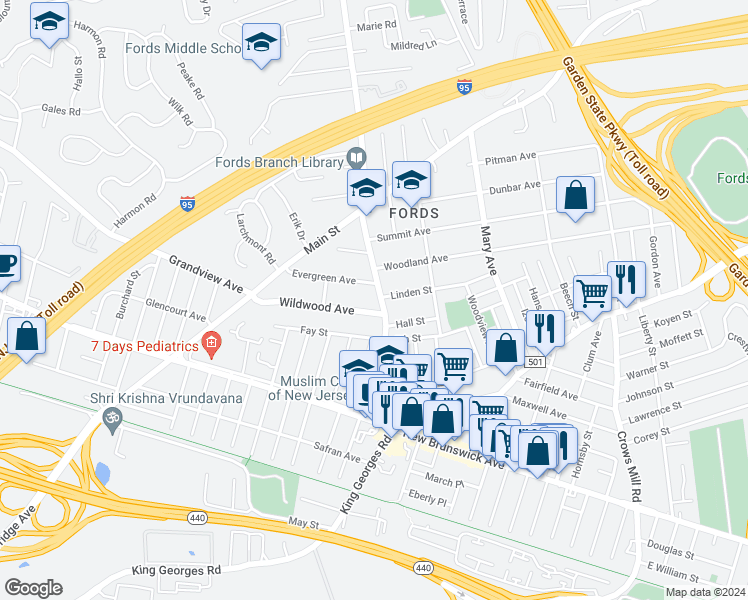 map of restaurants, bars, coffee shops, grocery stores, and more near 115 Ford Avenue in Woodbridge Township