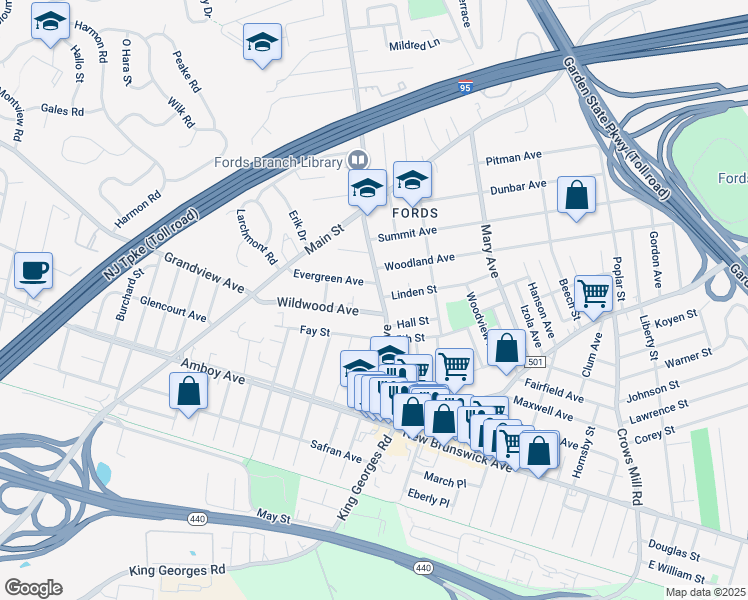 map of restaurants, bars, coffee shops, grocery stores, and more near 115 Ford Avenue in Woodbridge Township