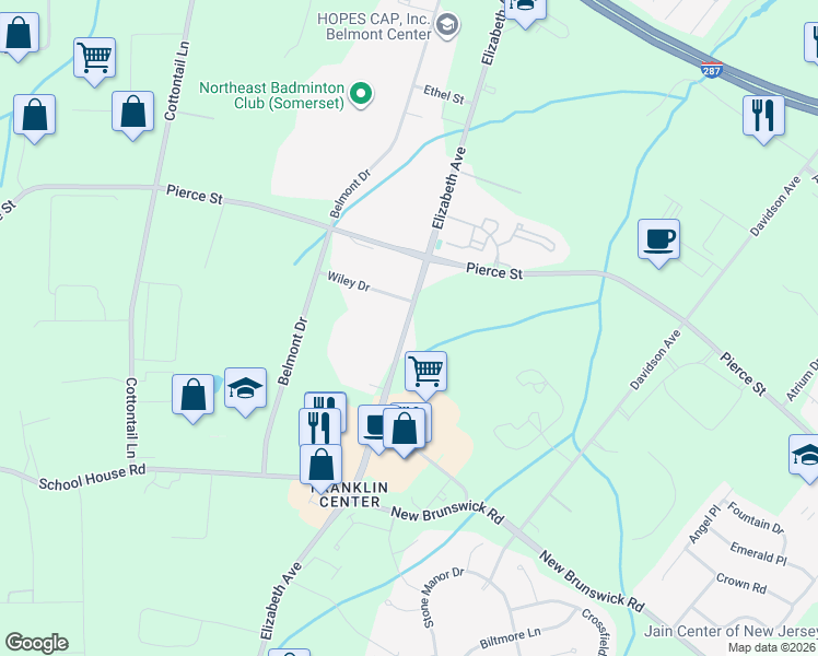 map of restaurants, bars, coffee shops, grocery stores, and more near 427 Elizabeth Avenue in Franklin Township