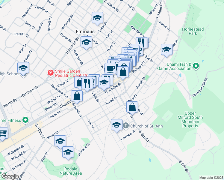 map of restaurants, bars, coffee shops, grocery stores, and more near 514 West Jubilee Street in Emmaus