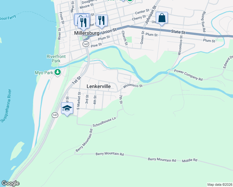 map of restaurants, bars, coffee shops, grocery stores, and more near 610 Center Street in Millersburg