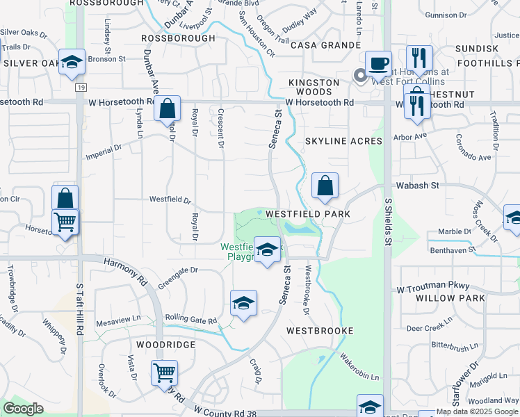 map of restaurants, bars, coffee shops, grocery stores, and more near 1502 Westfield Drive in Fort Collins