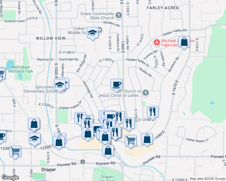 map of restaurants, bars, coffee shops, grocery stores, and more near 1241 Sage Ridge Road in Sandy
