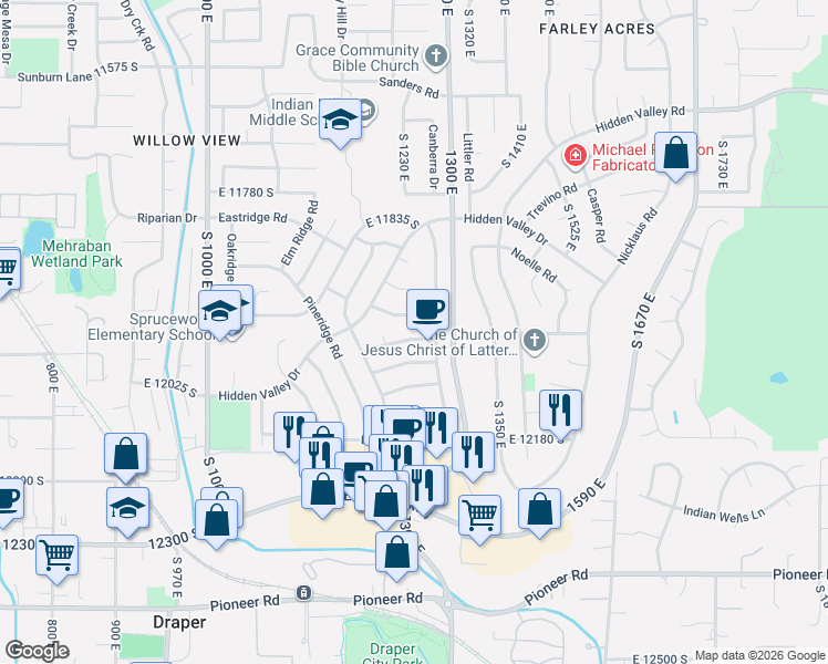 map of restaurants, bars, coffee shops, grocery stores, and more near 1241 Sage Ridge Road in Sandy