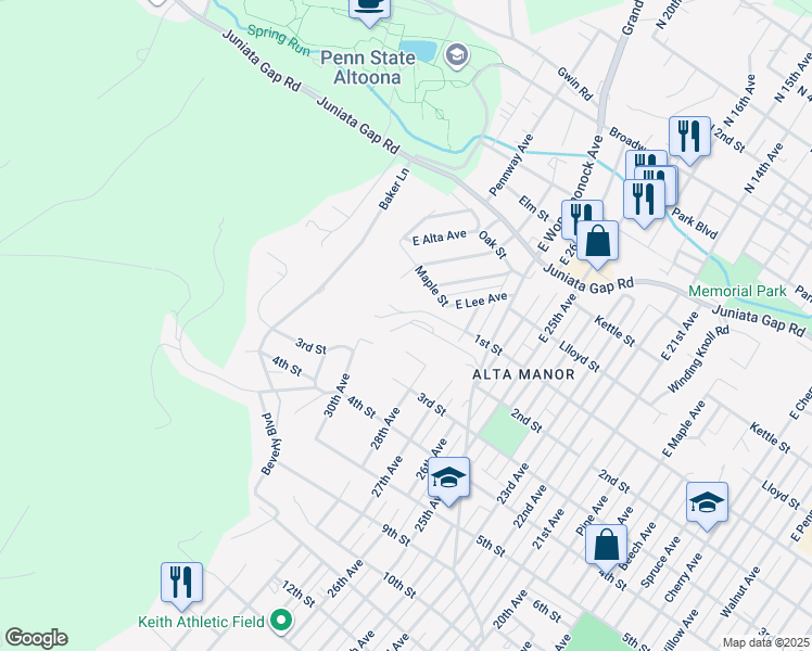 map of restaurants, bars, coffee shops, grocery stores, and more near 500-698 College Park Drive in Altoona