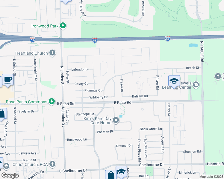 map of restaurants, bars, coffee shops, grocery stores, and more near 1710 Sunrise Point in Normal