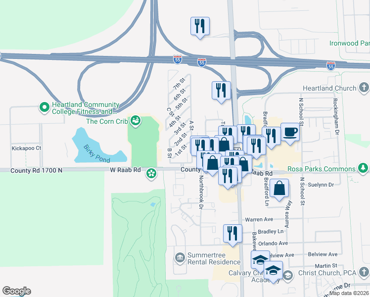 map of restaurants, bars, coffee shops, grocery stores, and more near 1708 B Street in Normal