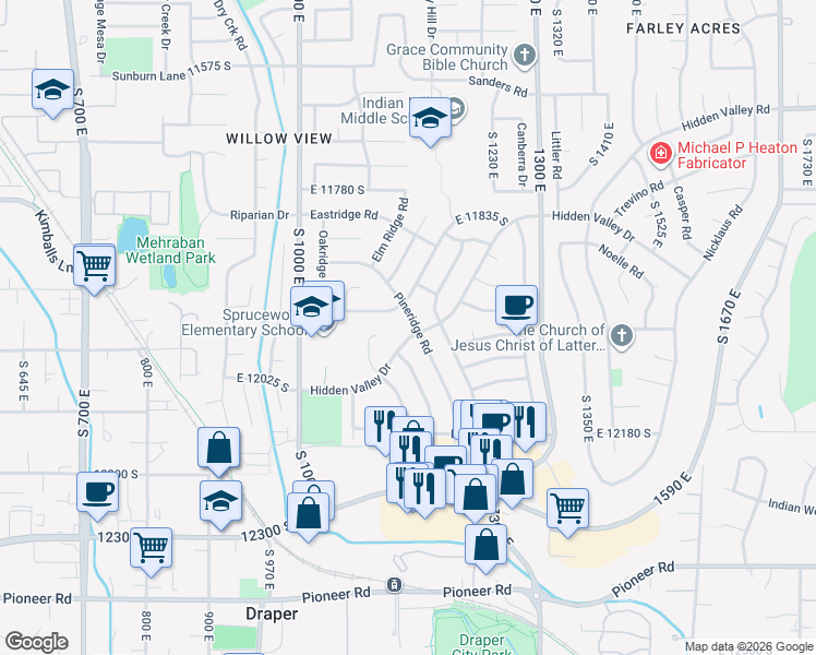 map of restaurants, bars, coffee shops, grocery stores, and more near 1139 Hidden Valley Drive in Sandy