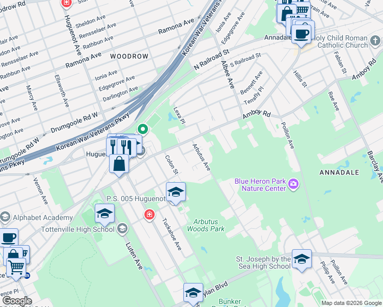 map of restaurants, bars, coffee shops, grocery stores, and more near 34A Rose Lane in Staten Island