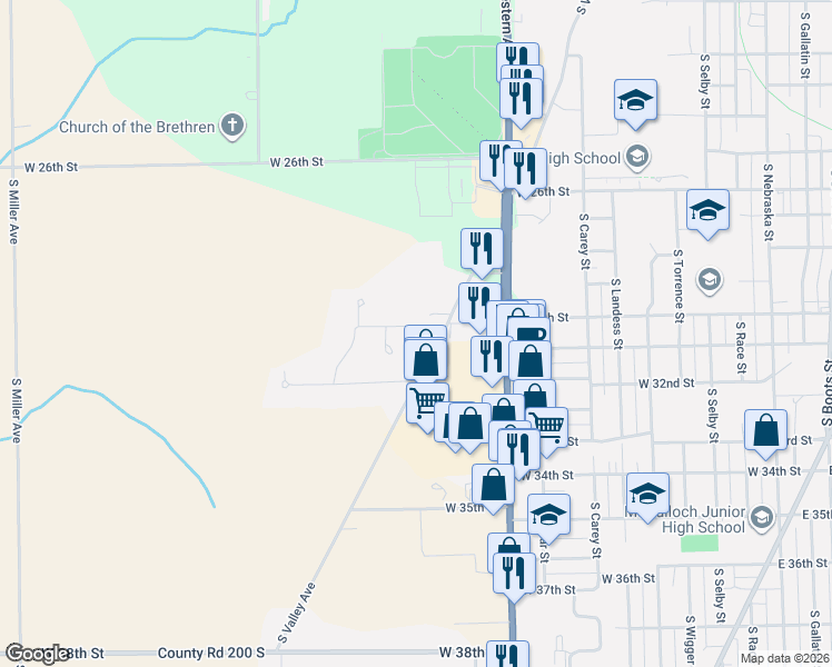 map of restaurants, bars, coffee shops, grocery stores, and more near 1523 West 31st Street in Marion