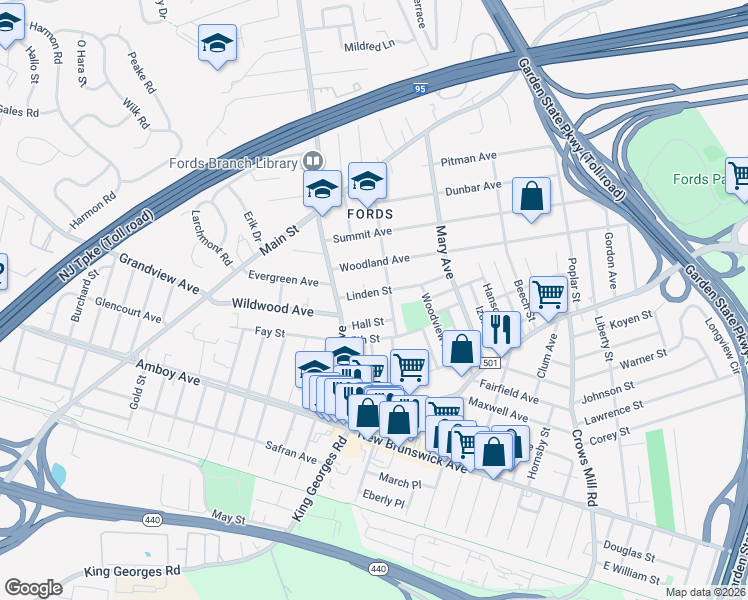 map of restaurants, bars, coffee shops, grocery stores, and more near 32 Linden Street in Woodbridge Township