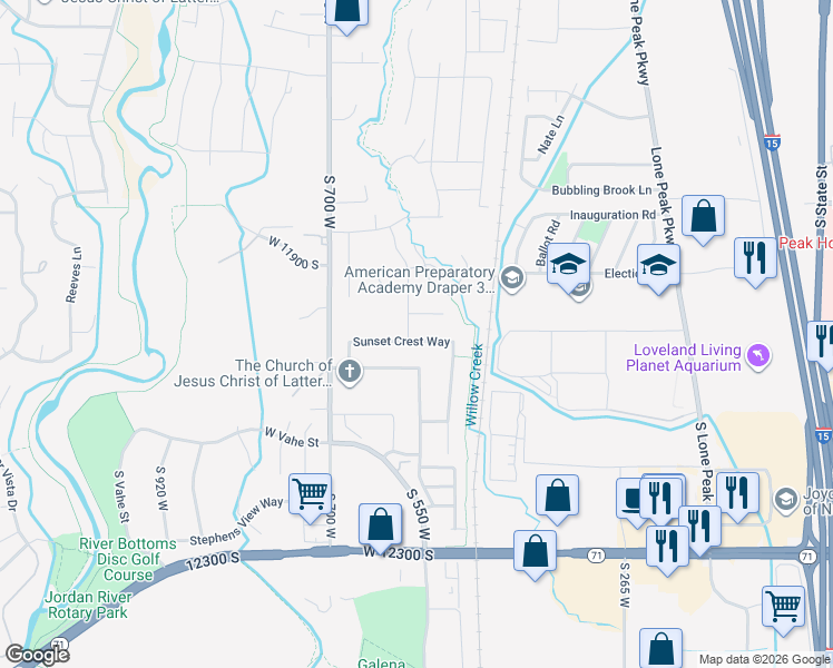 map of restaurants, bars, coffee shops, grocery stores, and more near 552 Sunset Crest Way in Draper
