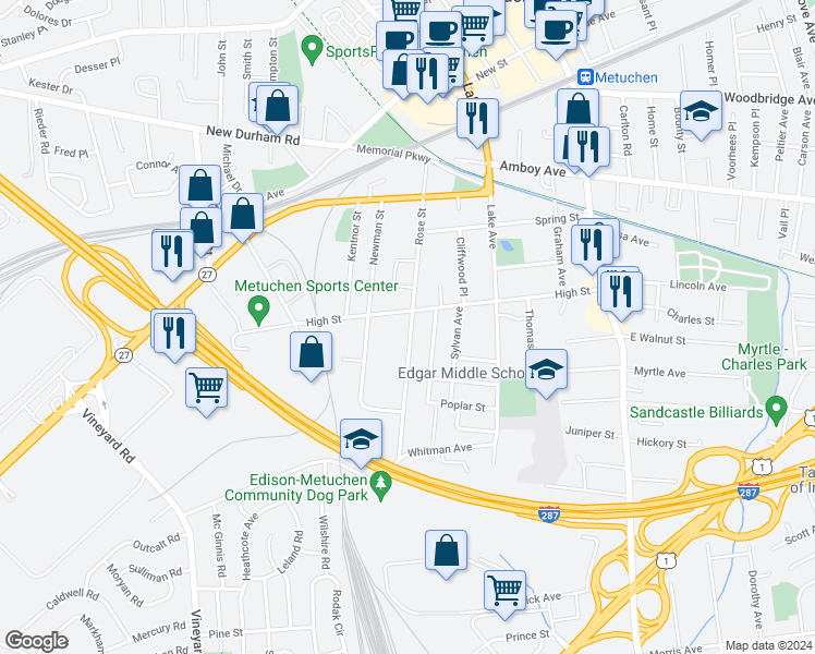 map of restaurants, bars, coffee shops, grocery stores, and more near 161 Rose Street in Metuchen