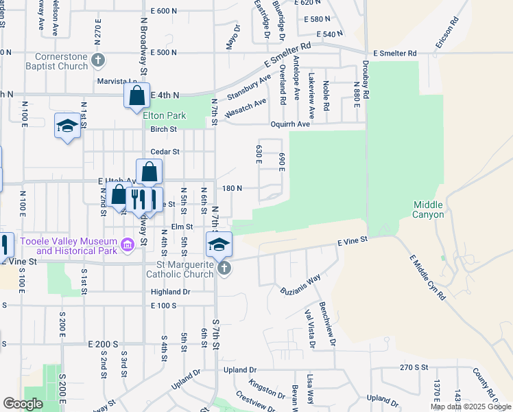 map of restaurants, bars, coffee shops, grocery stores, and more near 131 630 East in Tooele
