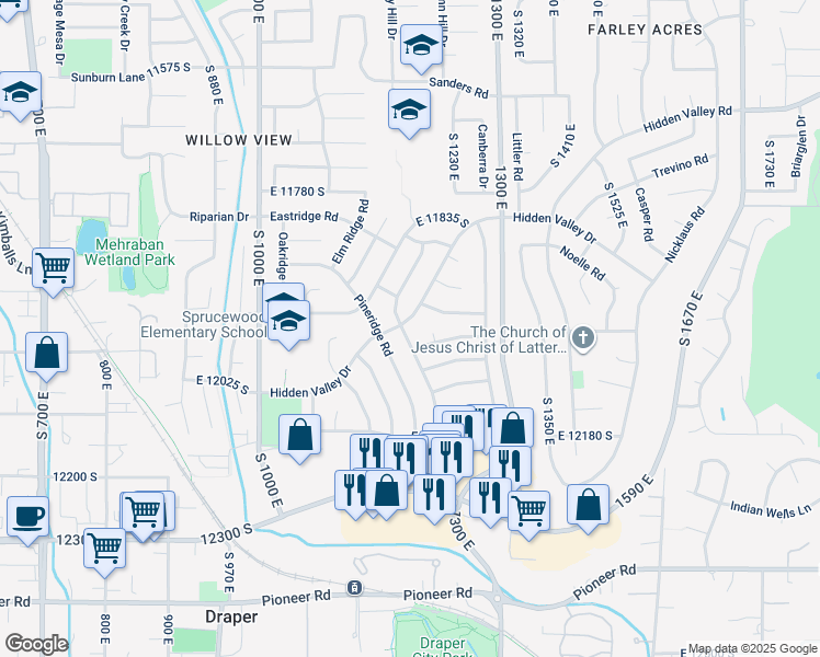 map of restaurants, bars, coffee shops, grocery stores, and more near 12013 Woodridge Road in Sandy