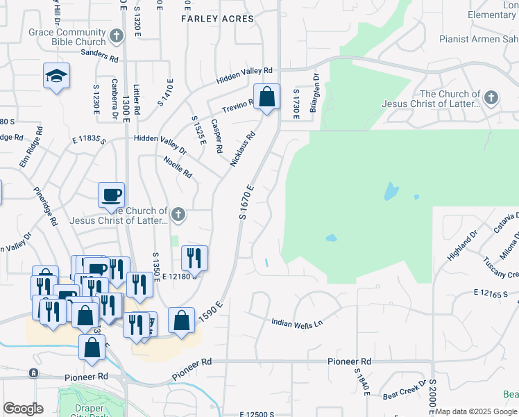 map of restaurants, bars, coffee shops, grocery stores, and more near 1644 Pebble Beach Circle in Sandy