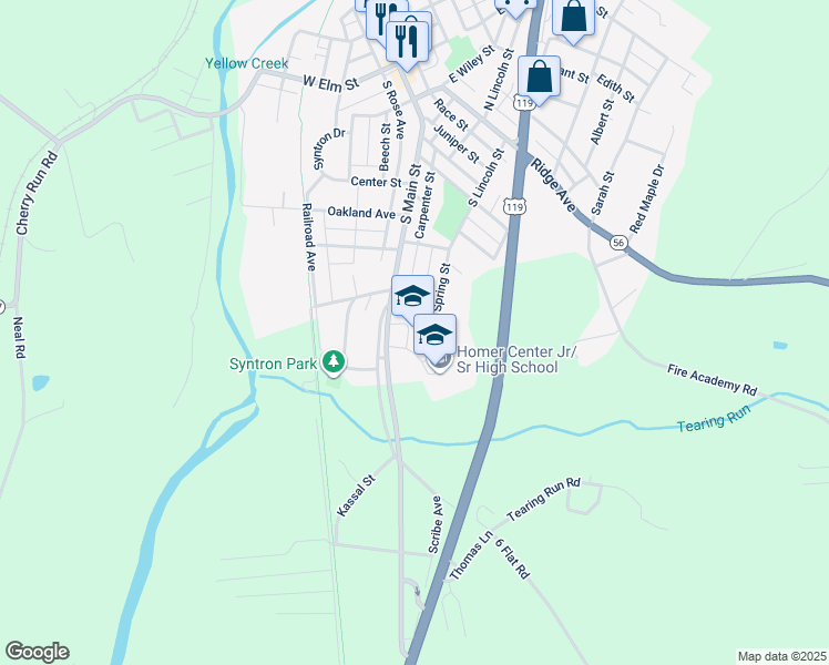 map of restaurants, bars, coffee shops, grocery stores, and more near 45 Wildcat Lane in Homer City