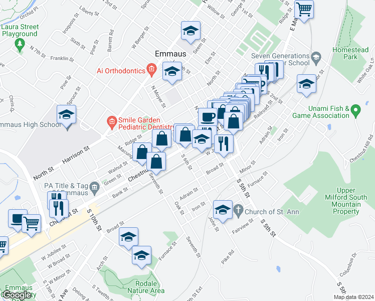 map of restaurants, bars, coffee shops, grocery stores, and more near 568 Chestnut Street in Emmaus