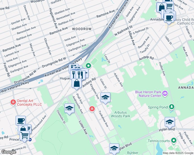 map of restaurants, bars, coffee shops, grocery stores, and more near 5371 Amboy Road in Staten Island