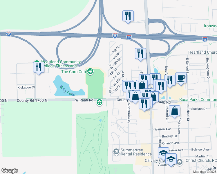 map of restaurants, bars, coffee shops, grocery stores, and more near 9-63 B Street in Normal
