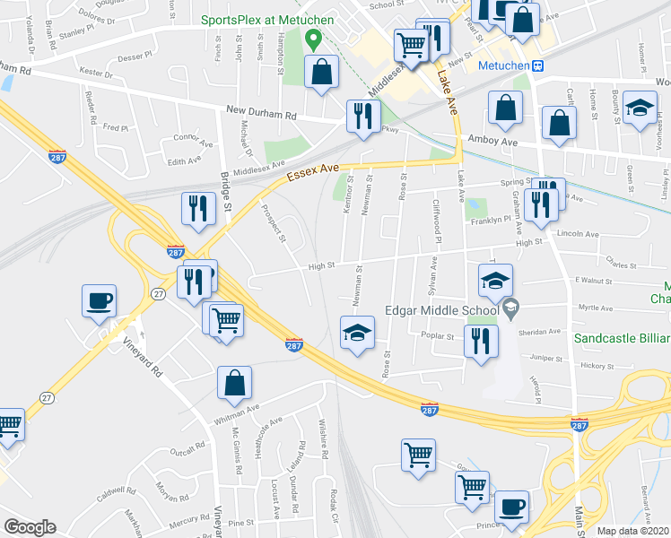 map of restaurants, bars, coffee shops, grocery stores, and more near 231 High Street in Metuchen