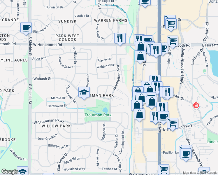 map of restaurants, bars, coffee shops, grocery stores, and more near 3907 Manhattan Avenue in Fort Collins