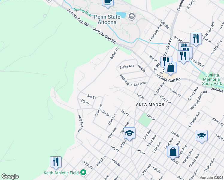 map of restaurants, bars, coffee shops, grocery stores, and more near 600 College Park Drive in Altoona