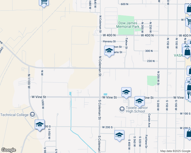 map of restaurants, bars, coffee shops, grocery stores, and more near 99 North Coleman Street in Tooele