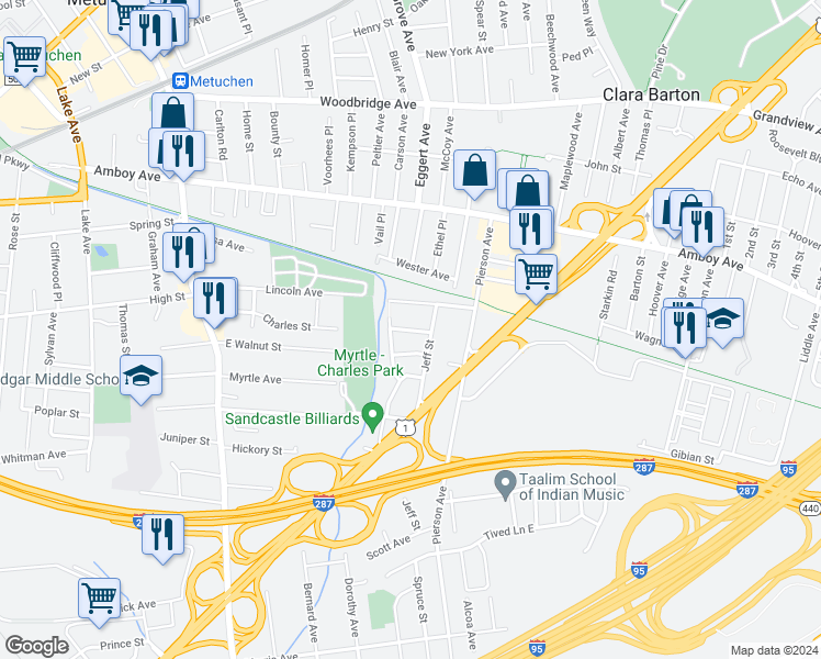 map of restaurants, bars, coffee shops, grocery stores, and more near 8 Sheffield Place in Metuchen