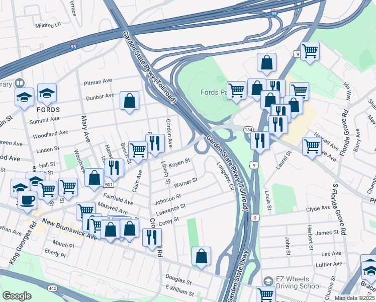 map of restaurants, bars, coffee shops, grocery stores, and more near 604 King Georges Road in Woodbridge Township