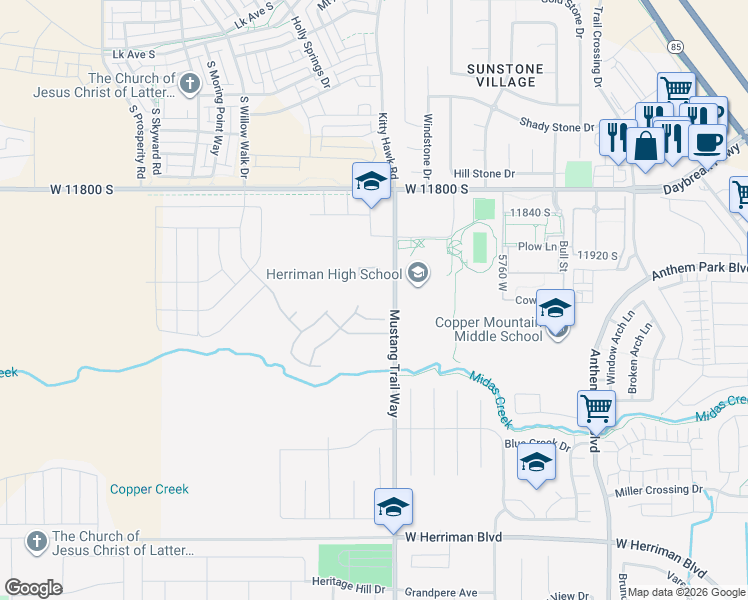 map of restaurants, bars, coffee shops, grocery stores, and more near 11996 West Snake River Drive in Herriman