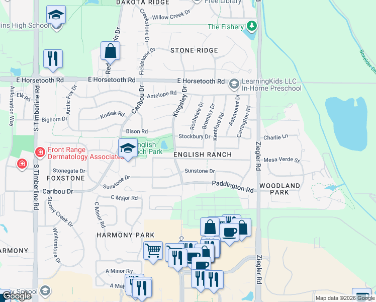 map of restaurants, bars, coffee shops, grocery stores, and more near 2719 Whitworth Drive in Fort Collins